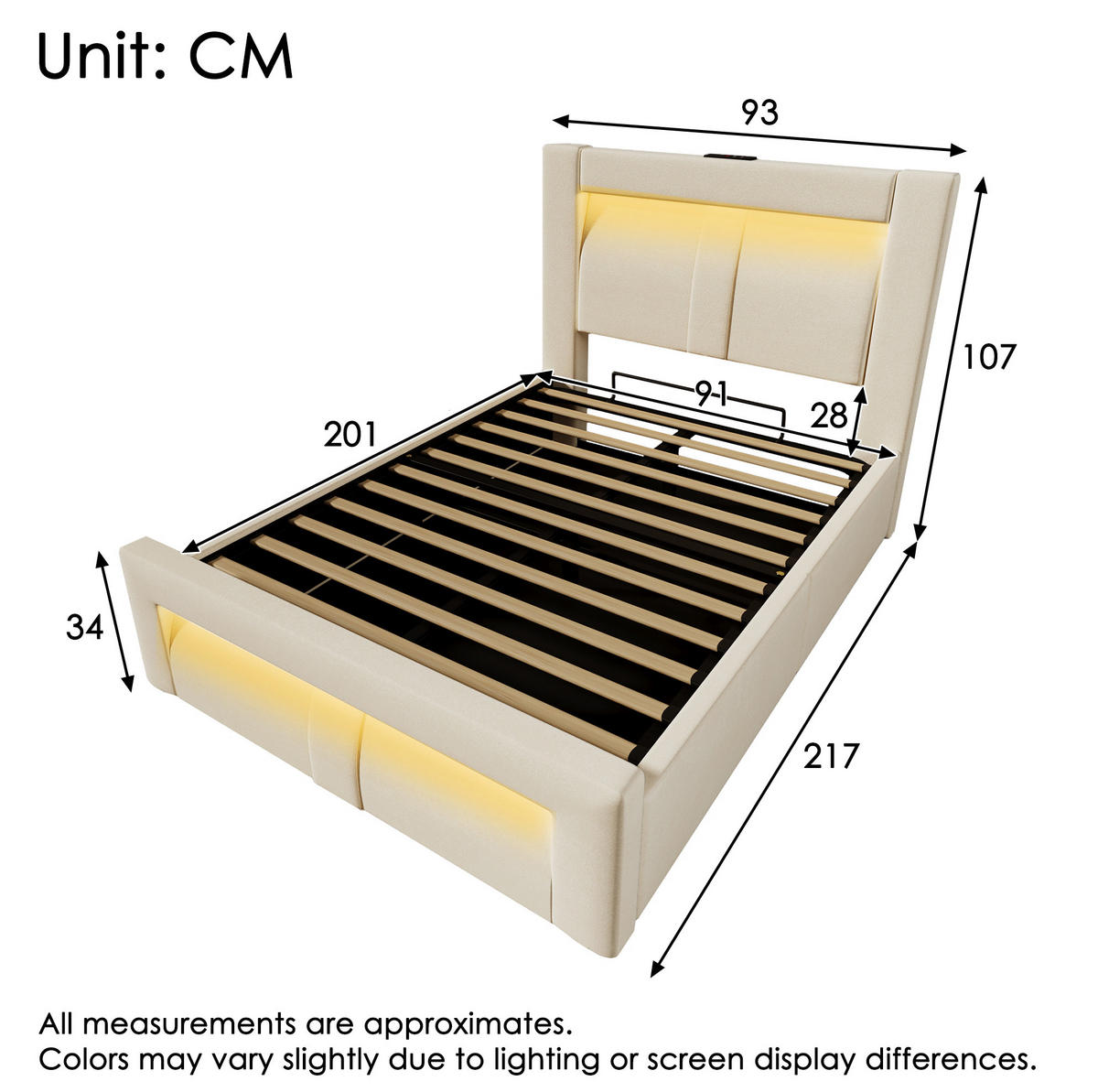 POLSTERBETT aus Samt 90x200 cm in Beige mit LED & Matratze - Beige, Textil (90/200cm) - Modfu