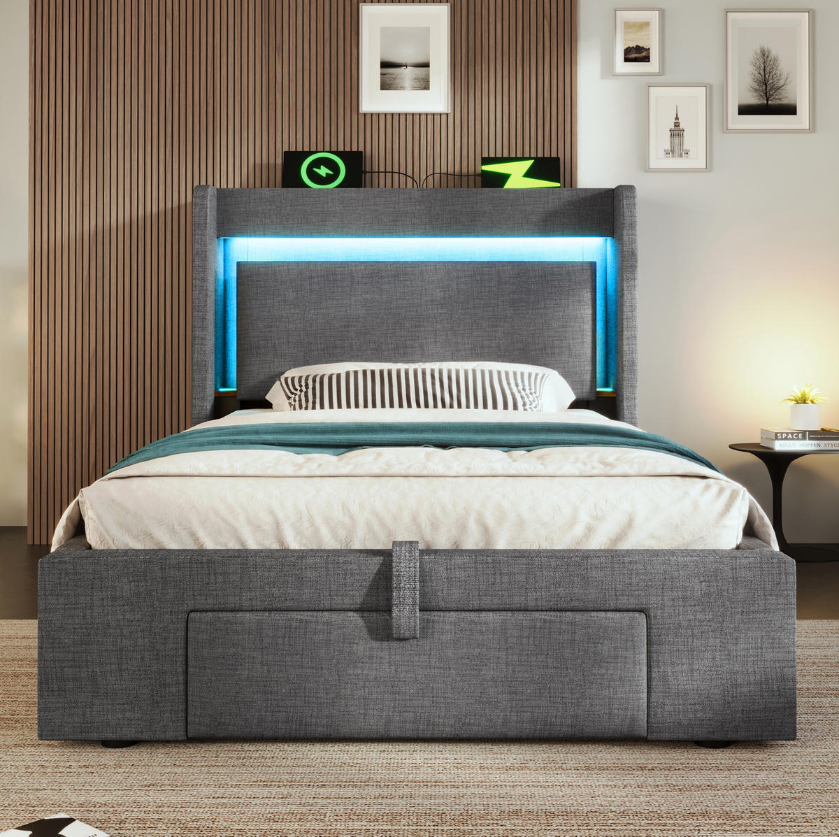 POLSTERBETT 90/200 cm mit LED, USB/USB-C, hydraulischem Stauraum und Schublade, Leinen, Grau - Grau, Textil (90/200cm) - Redom