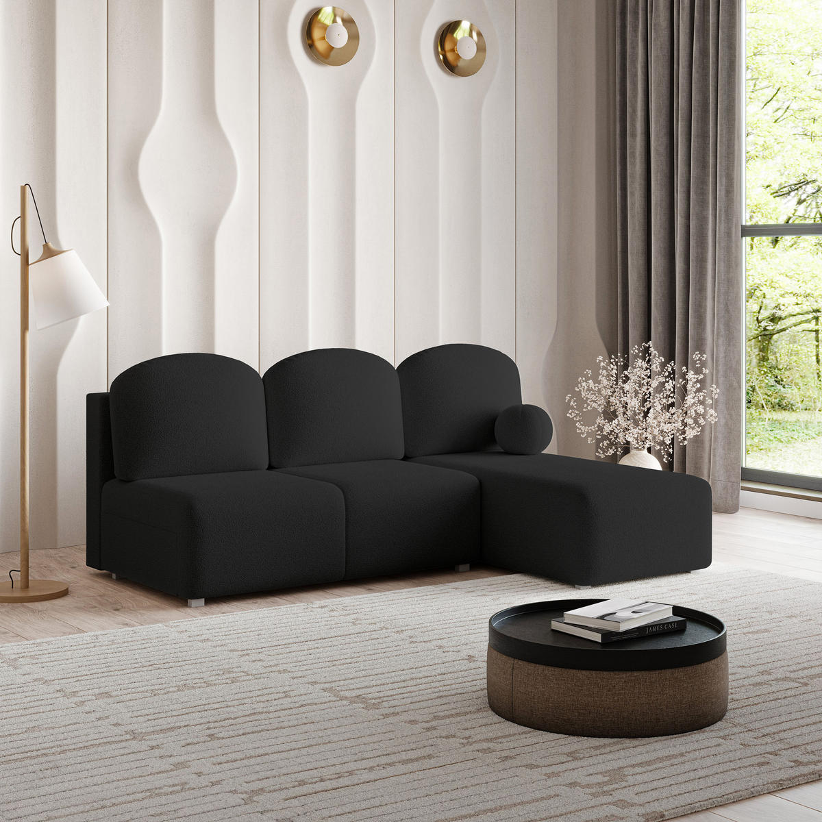 ECKSOFA TRAMA Schwarz Boucle-Stoff mit Schlaffunktion - Schwarz, Holz (200/143cm) - MASSENO