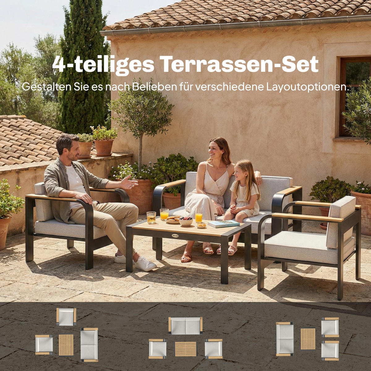GARTENMÖBEL SET DE-06603, mit 2er Sofa, 2 Sessel, Beistelltisch - Beige, Textil/Metall - ComfortXL
