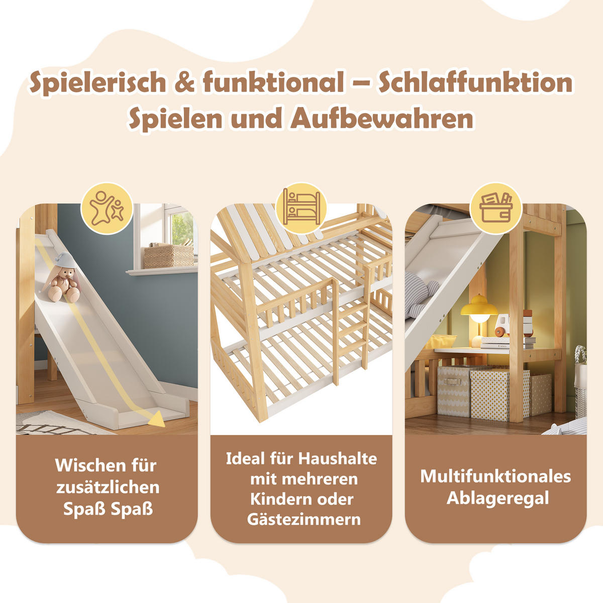 ETAGENBETT 90/200 cm Naturholz + Weiß mit Rutsche und Regalen - Naturfarben, Holz (90/200cm) - Oxeza