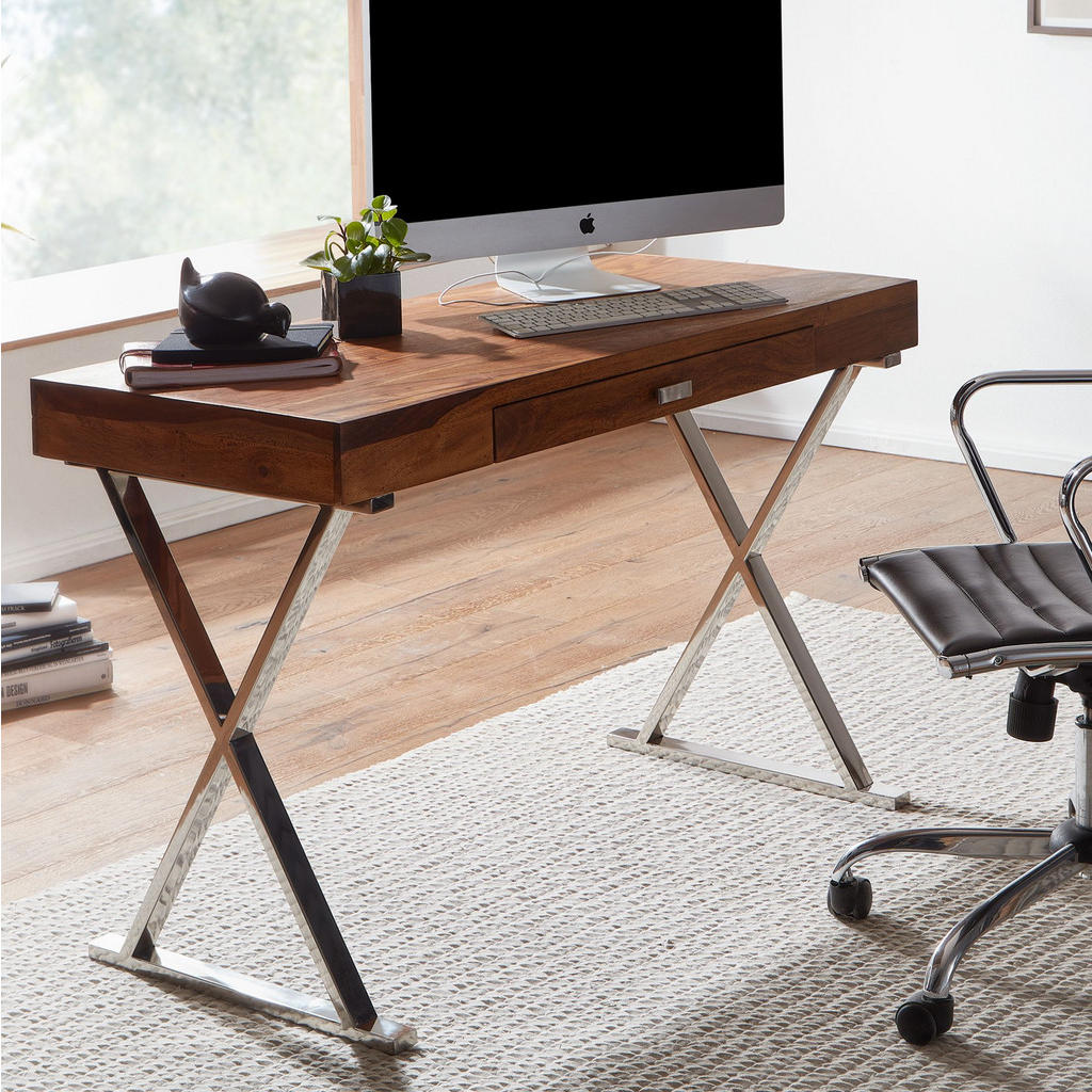 Thumbnail - Kadima Design Schreibtisch, Silber, Holz, Echtholz, 1 Schubladen, Rechteckig,Rechteckig, X-Form, 120x78x55 cm, Arbeitszi...