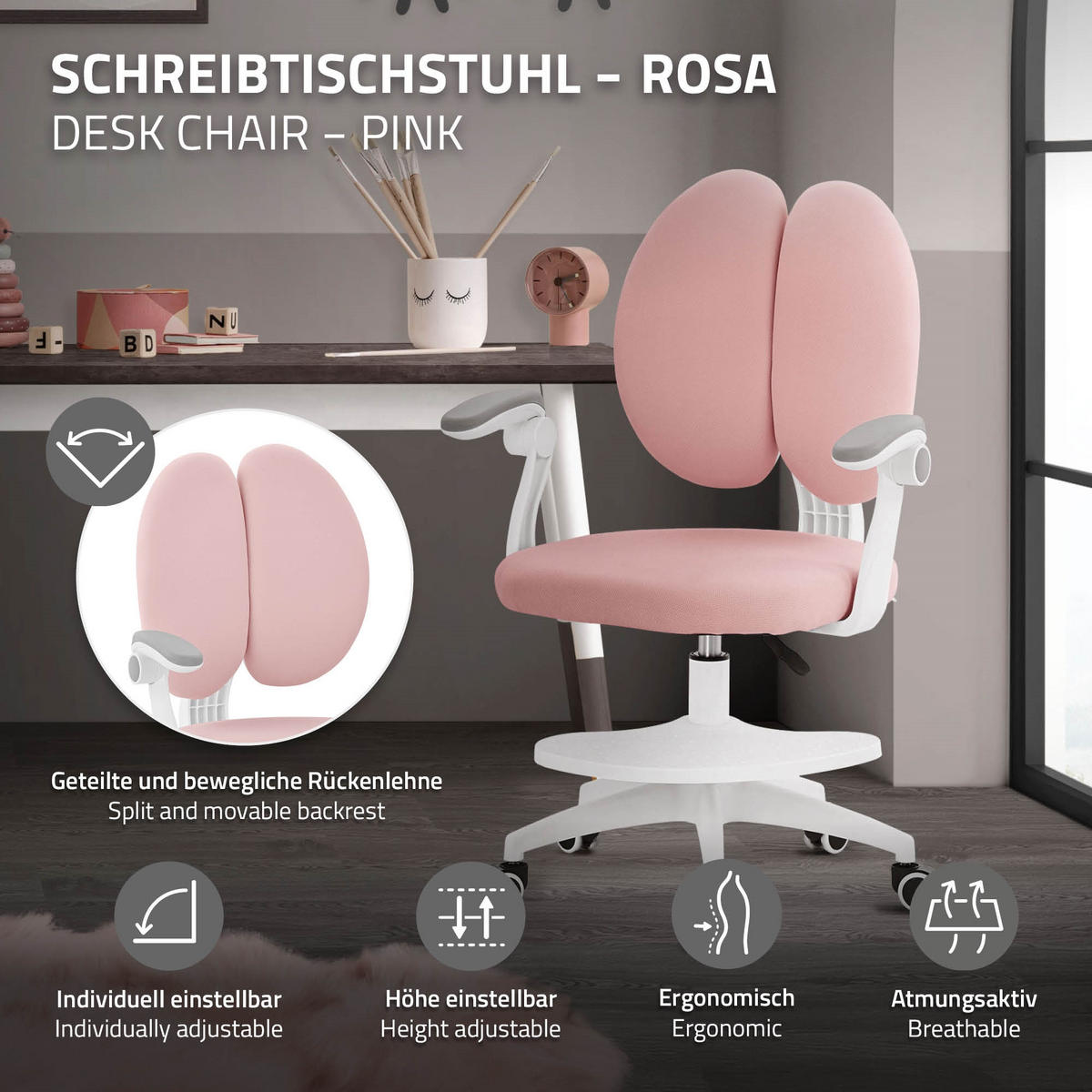 KINDERSCHREIBTISCHSTUHL Rosa 95-107 cm aus Polyester - Pink/Weiß, Kunststoff/Textil (53/107/53cm) - ML-DESIGN