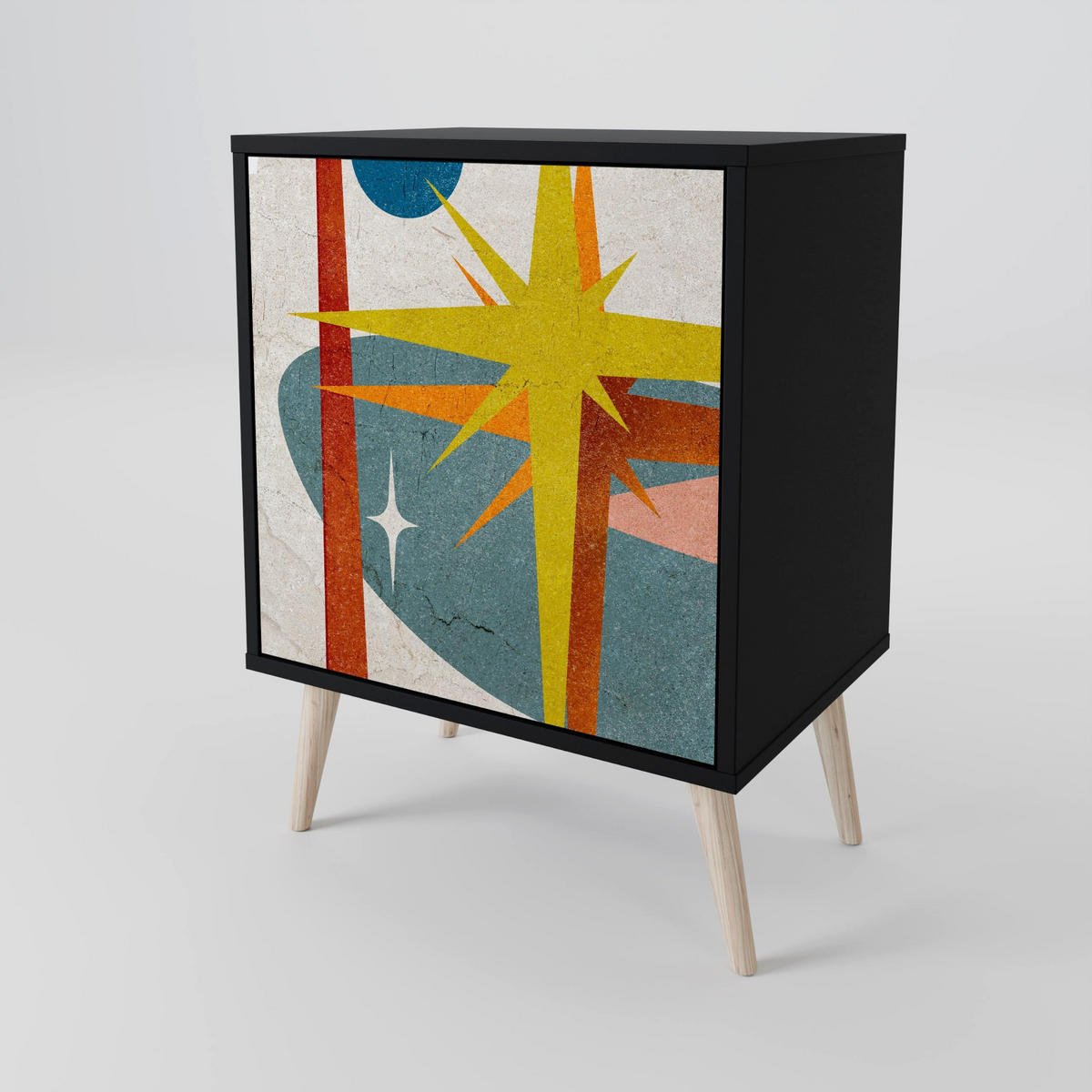 SIDEBOARD INTERSTELLAR VIBES, Schwarz, 57,5x42x70,5 cm, Schwarze Metall-Sternfüße - Multicolor/Schwarz, Holzwerkstoff/Metall (57.5/70.5/42cm) - SpaceRebels