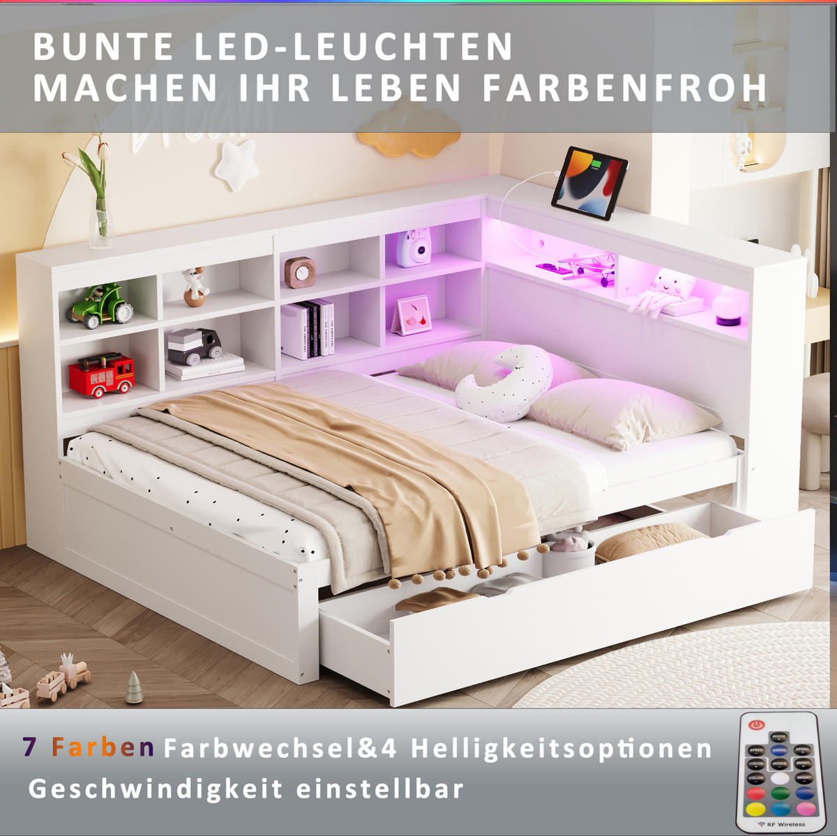 BETT 140/200 cm mit USB und LED, Weiß - Weiß, Holz (140/200cm) - OKMYHOME