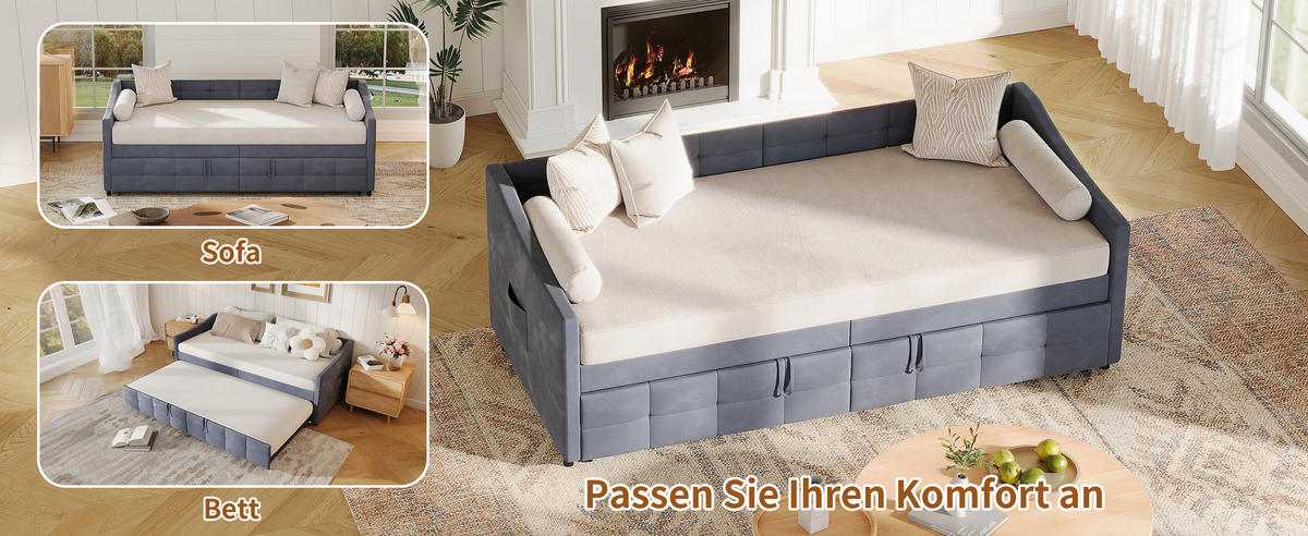 SCHLAFSOFA 90x200 cm Grau Samt Ausziehbar - Grau, Metall (90/200cm) - SHOPENTRA
