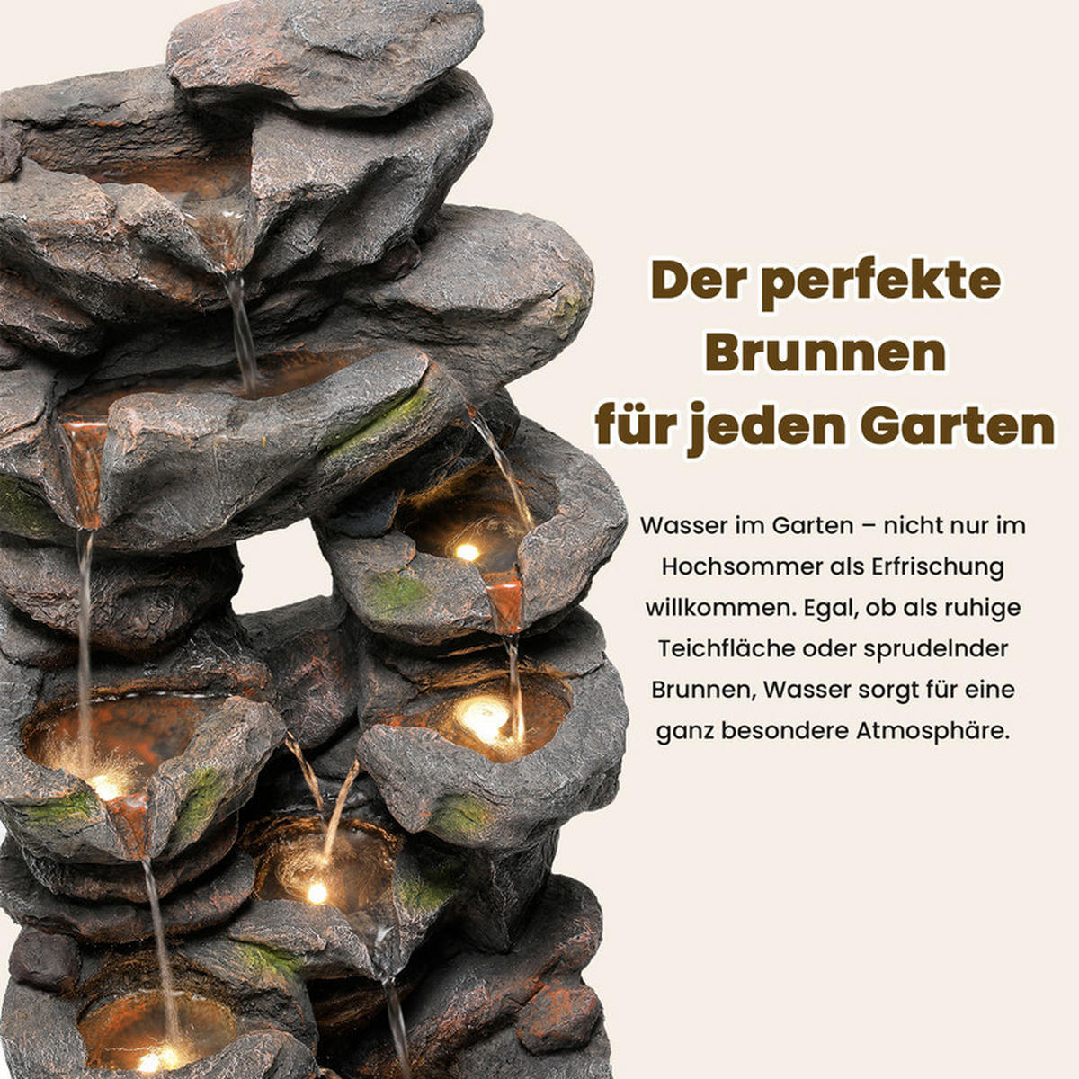 GARTENBRUNNEN mit LED-Beleuchtung & Wasserpumpe, grau - Grau, Holzwerkstoff (46/36/90cm) - Kaket