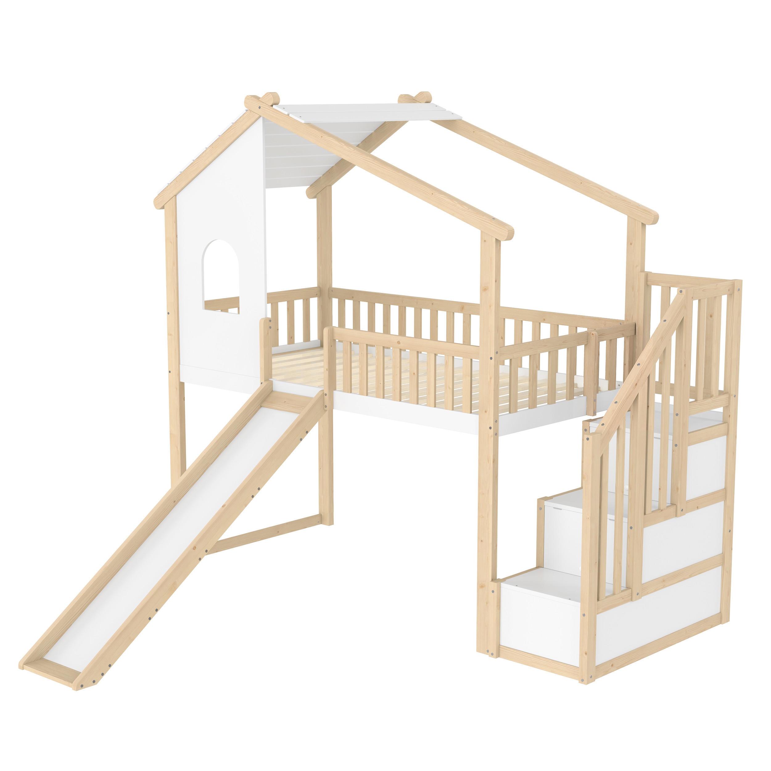 HOCHBETT 90/200 cm DE-04498, mit Rutsche, Stauraumleiter und Hausform in Natur/Weiß - Weiß/Naturfarben, Holz/Holzwerkstoff (90/200cm) - ComfortXL