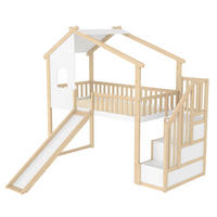 HOCHBETT 90/200 cm DE-04498, mit Rutsche, Stauraumleiter und Hausform in Natur/Weiß - Weiß/Naturfarben, Holz/Holzwerkstoff (90/200cm) - ComfortXL