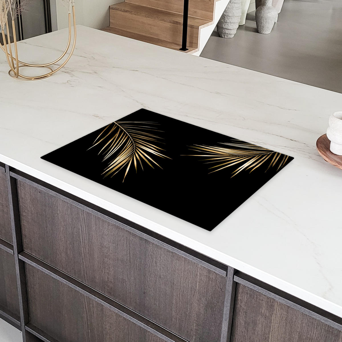 HERDABDECKPLATTE Blätter - Pflanzen - Gold - Schwarz - Luxus Herdabdeckung Induktionsfeld 75x52 cm - Goldfarben, Kunststoff (75/52/0.2cm) - MuchoWow