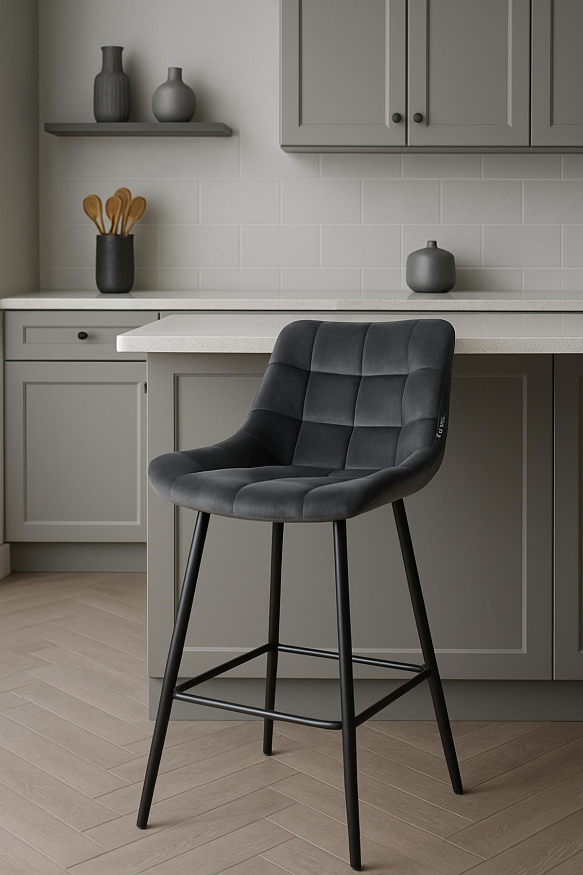 BARHOCKER Welton Samt dunkelgrau - Dunkelgrau/Schwarz, Textil/Metall (49/104/56cm) - TPFLiving