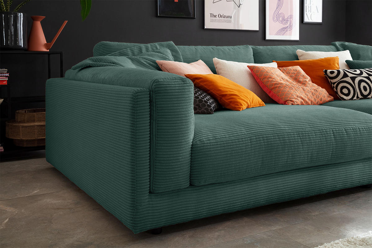 BIG SOFA RAINA Smaragdgrün Cord - Smaragdgrün/Schwarz, Kunststoff/Textil (294/85/150cm) - KAWOLA