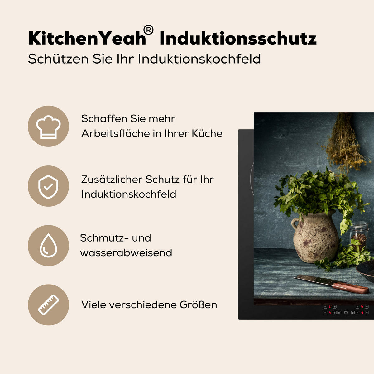 HERDABDECKPLATTE Kräuter - Gewürze - Pfanne - Messer - Grau - Rustikal 76x51 cm - Petrol, Kunststoff (76/0.2/51.5cm) - MuchoWow