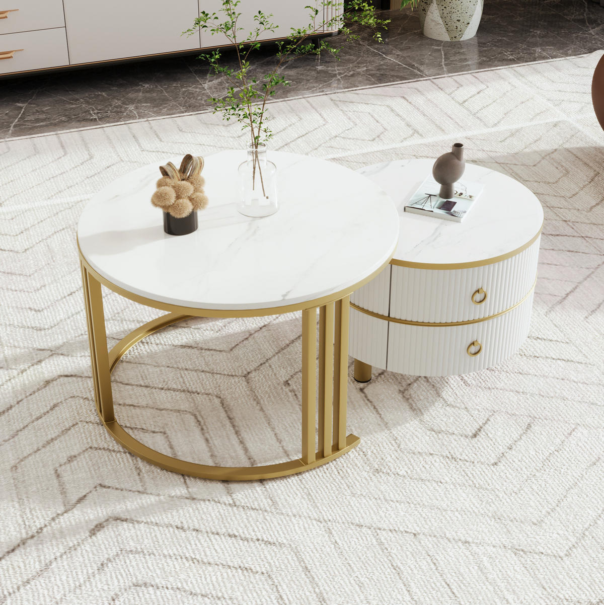 COUCHTISCH-SET 70/70/46 + 50/50/40 cm in Weiß mit Marmordekor und 2 Schubladen - Goldfarben/Weiß, Holzwerkstoff (70/70/46cm) - Flora Grace
