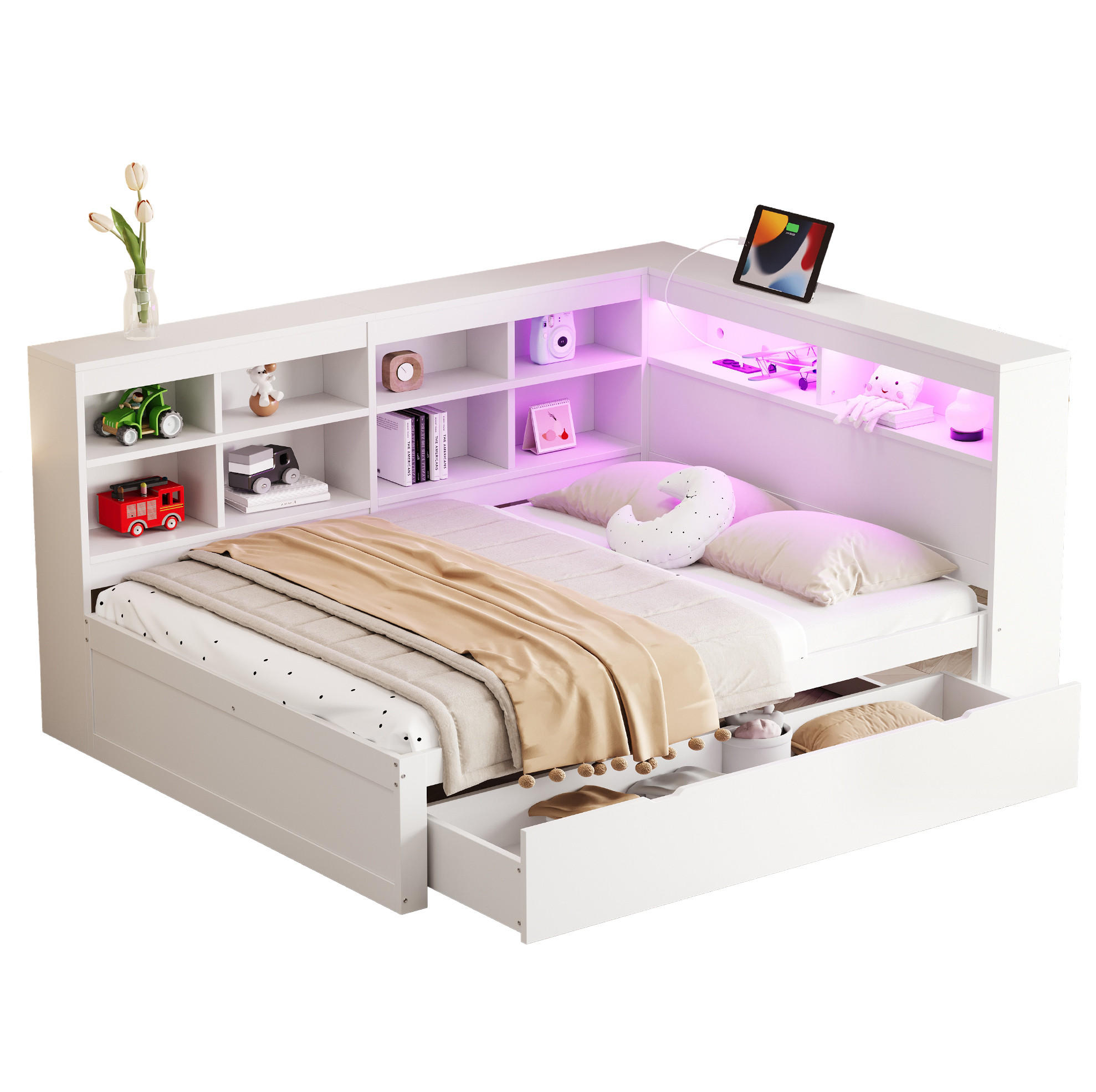 BETT 140/200 cm aus Holz mit Stauraum, LED-Beleuchtung und USB-Anschluss - Weiß, Holz (140/200cm) - Flora Grace