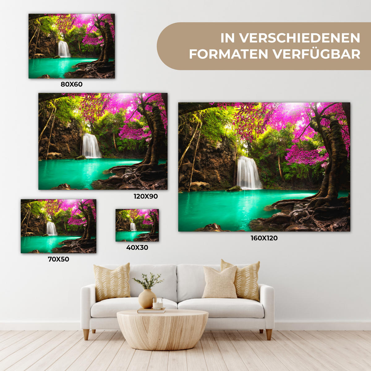 LEINWANDBILD Wasserfall mit bunten Blumen und Bäumen - Natur - Dschungel Wandbilder 80x60 cm - Waldgrün, Textil (80/60cm) - MuchoWow