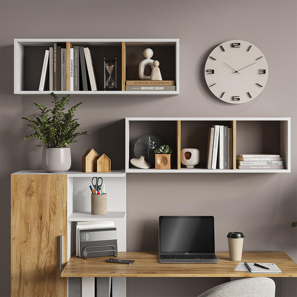 Thumbnail - Vicco Wandregal, Weiß, Honigeiche, Holzwerkstoff, 3 Fächer, Rechteckig, 90x30x22 cm, Wohnzimmer, Regale, Wandregale