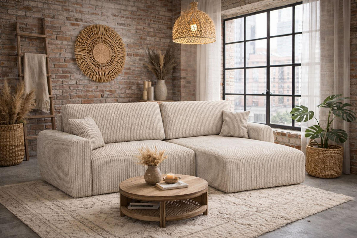 ECKSOFA Mit Schlaffunktion, Ariel XL, Cordstoff, Stoff Poso, Dunkelbeige, Rechts - Beige, Holz (280/142cm) - Kaiser Möbel