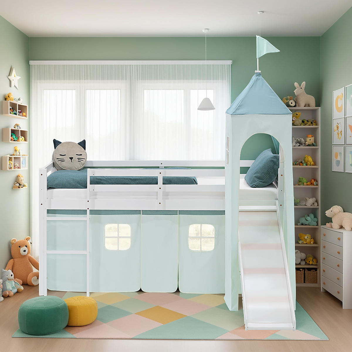 HOCHBETT 90/200 cm in weiß Rutsche Turm Bettvorhang Mint Lattenrost - Weiß/Mintgrün, Holz/Textil (90/200cm) - Homestyle4u