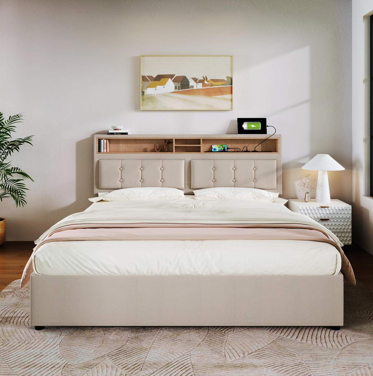 POLSTERBETT 160/200 cm mit 4 Schubladen, USB/Type-C & höhenverstellbarem Kopfteil, Beige - Beige, Textil (160/200cm) - Redom