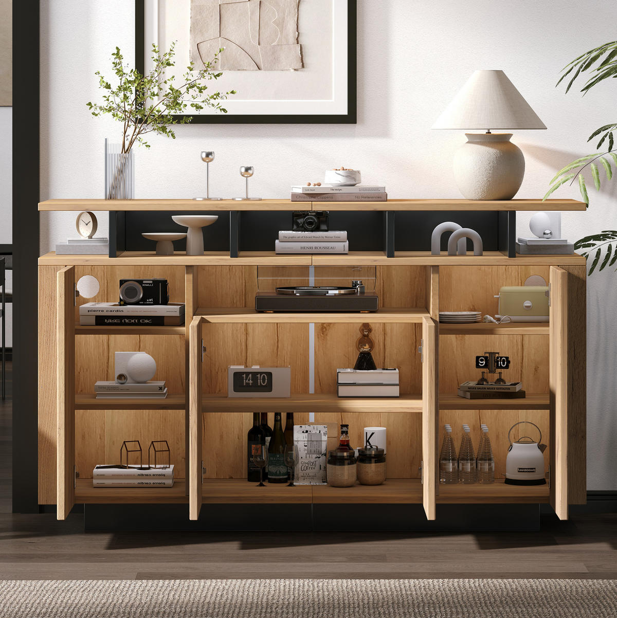 SIDEBOARD in Natur und Schwarz 140x40x85 cm mit 4 Türen und 3 offenen Fächern - Naturfarben, Holzwerkstoff (40/85/140cm) - IVMEU