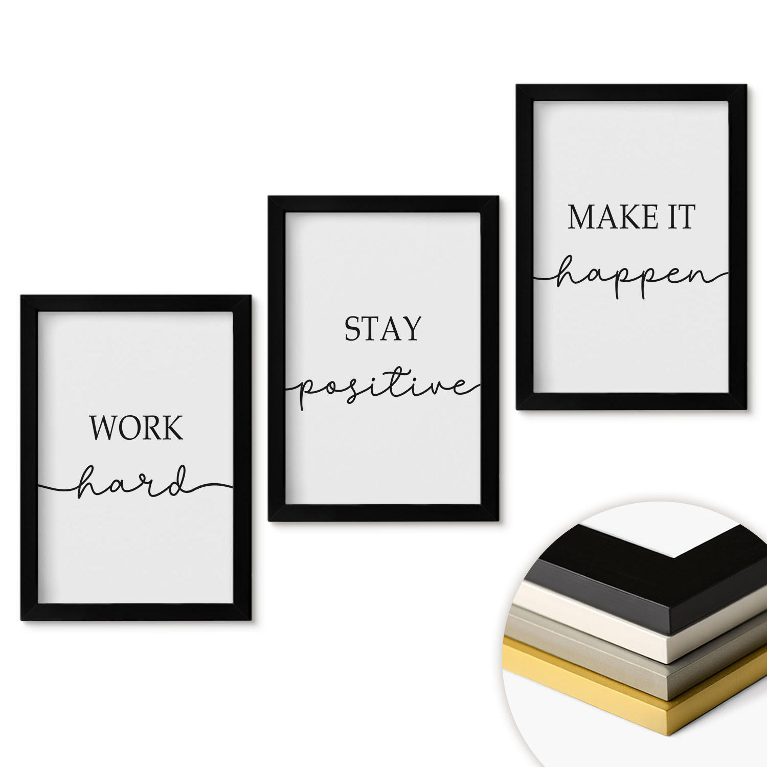 WANDBILDER 3er-Set - 20x30 cm Schwarzer Rahmen - Minimalistische Motivationsinschriften - Schwarz, Kunststoff (20/30cm) - ArtPrintCave