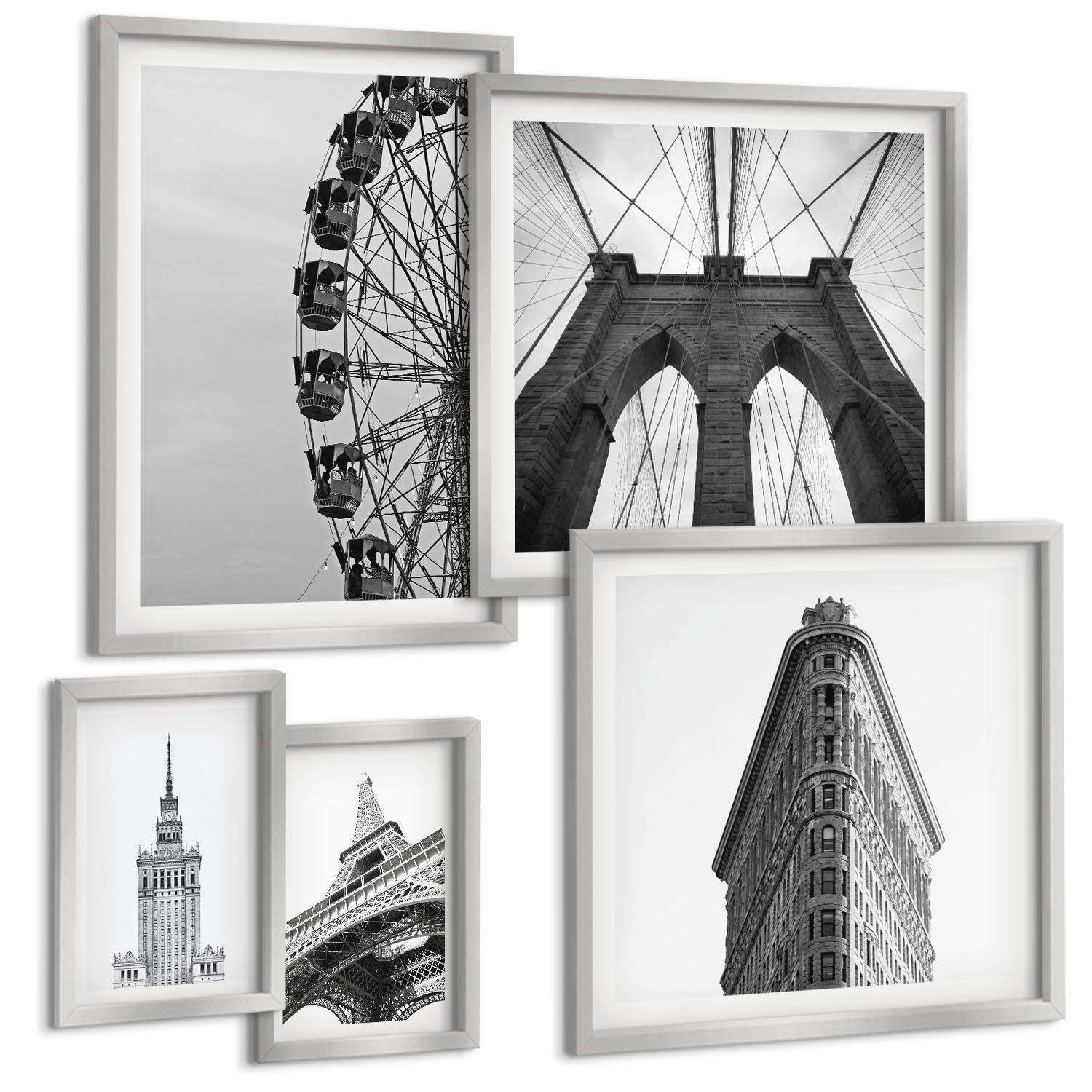 BILDER SET 5er Set - 50x50 cm & 20x30 cm & 40x60 cm Silberner Rahmen - Architektur Schwarz-Weiß-Minimalismus - Silberfarben, Kunststoff (40/60cm) - TULUP