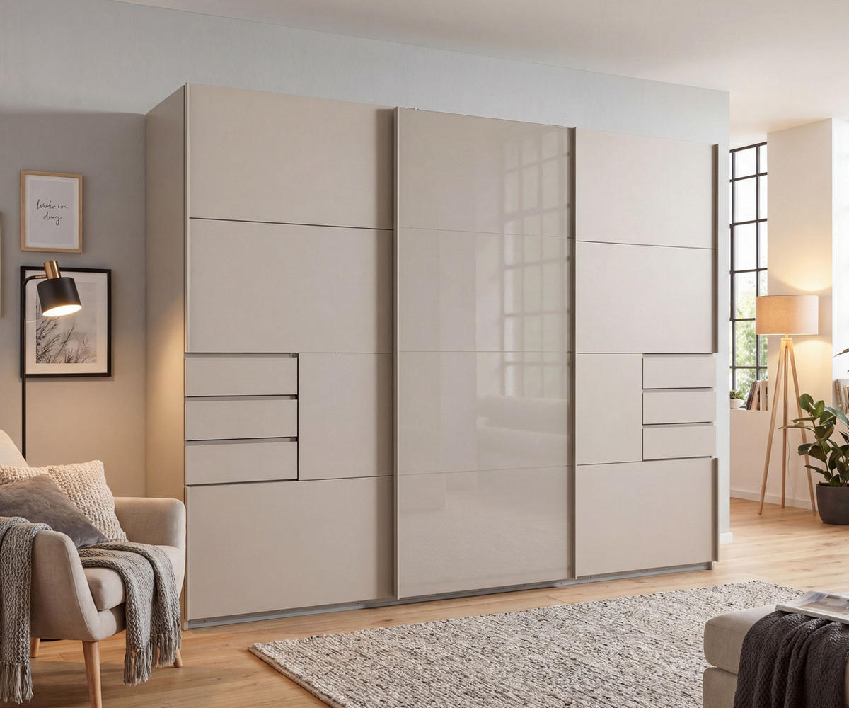 SKŘÍŇ S POSUVNÝMI DVEŘMI, 3dveřová, šířka 270 cm, výška 208 cm, hloubka 64 cm, béžovo-šedá, prostřední dveře skleněné, se zásuvkami / 22616 - béžová, kov/kompozitní dřevo (270/208/64cm) - luma-home