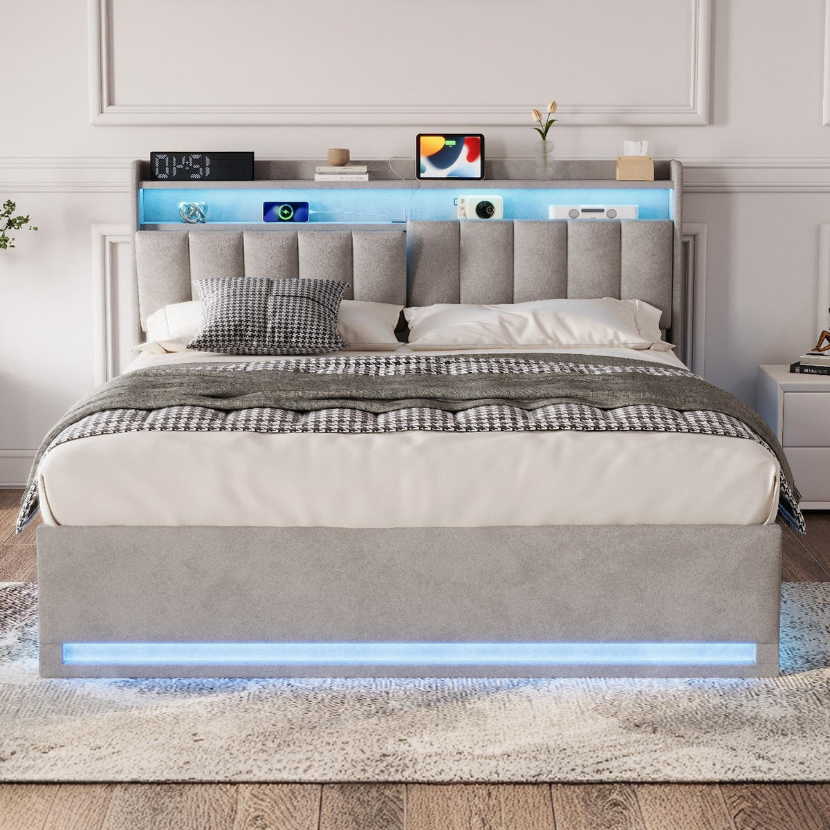 POLSTERBETT 140/190 cm Grau aus Leinen, mit Stauraum, LED-Beleuchtung und USB-Ladefunktion - Naturfarben/Grau, Holz/Metall (140/190cm) - FURNISHINGS HOME