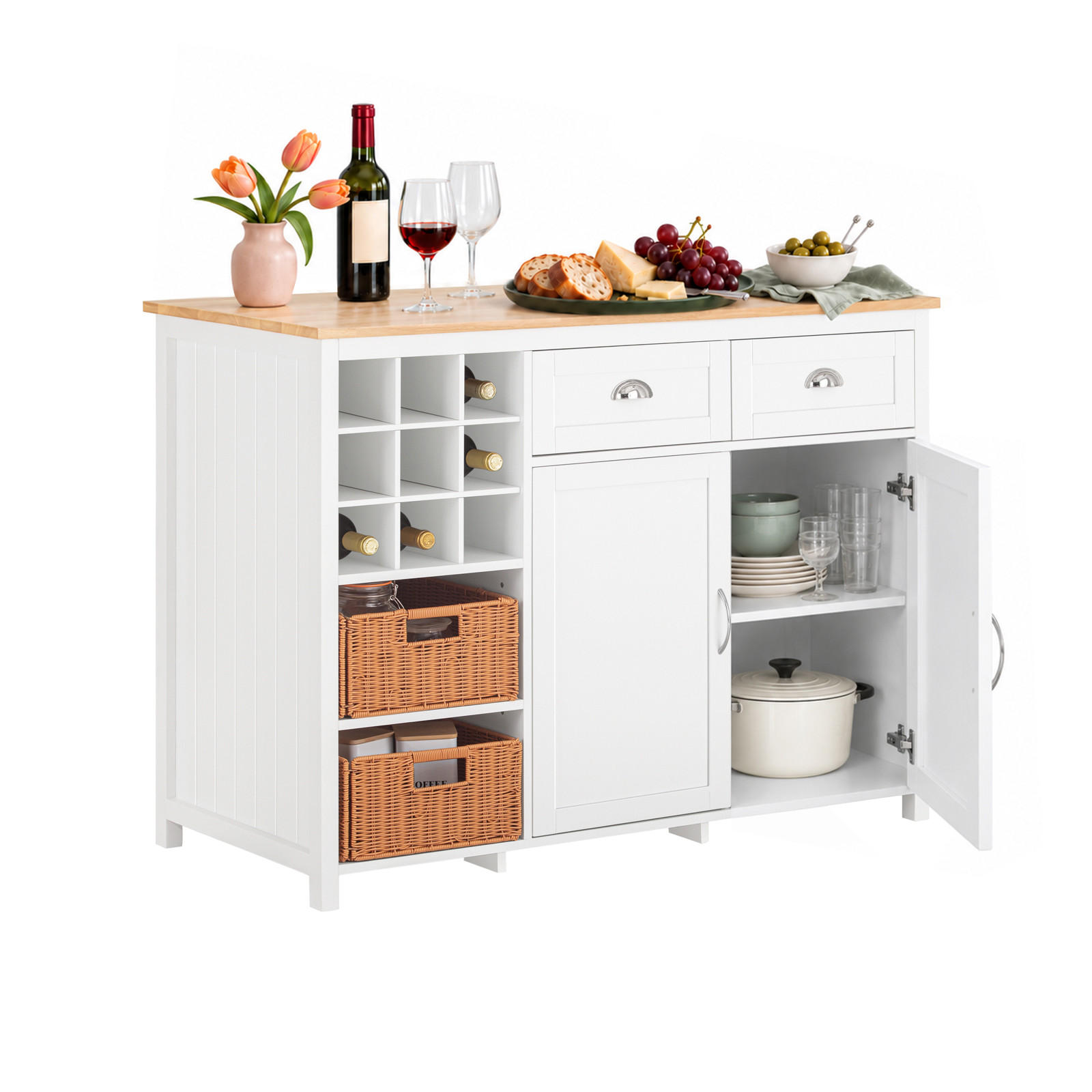 INSULA de bucătărie cu rafturi pentru sticle și sertare - alb, materiale naturale/compozit lemnos (120/90/56cm) - SoBuy