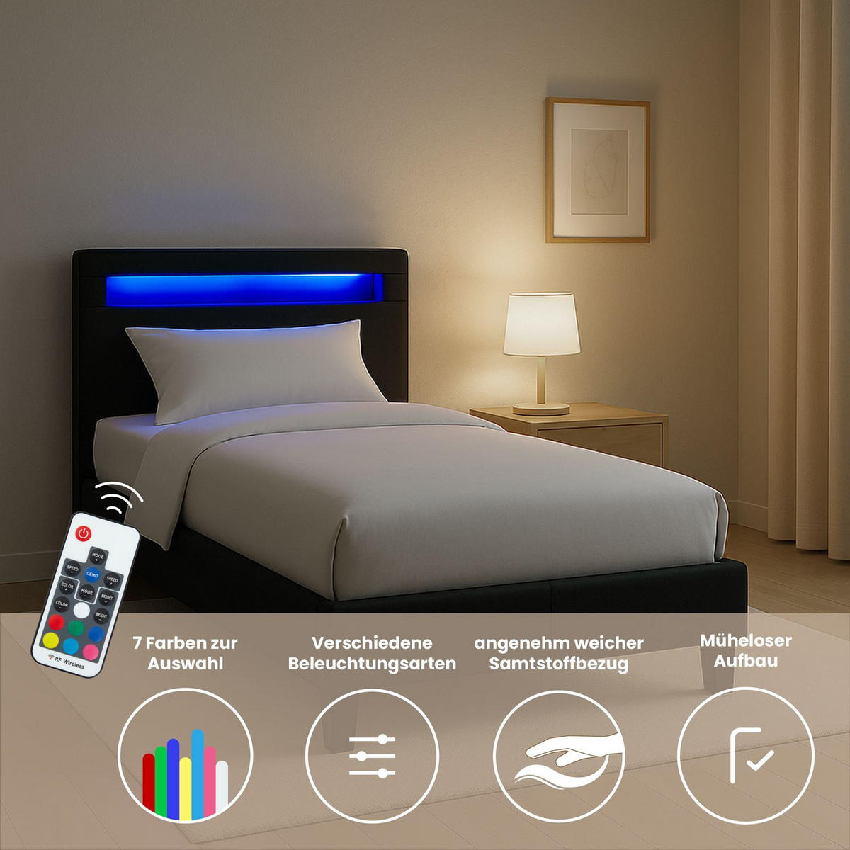 POLSTERBETT MIT LED HIMALAYA 90X200 CM - Schwarz, Textil (90/200cm) - CARO-Möbel