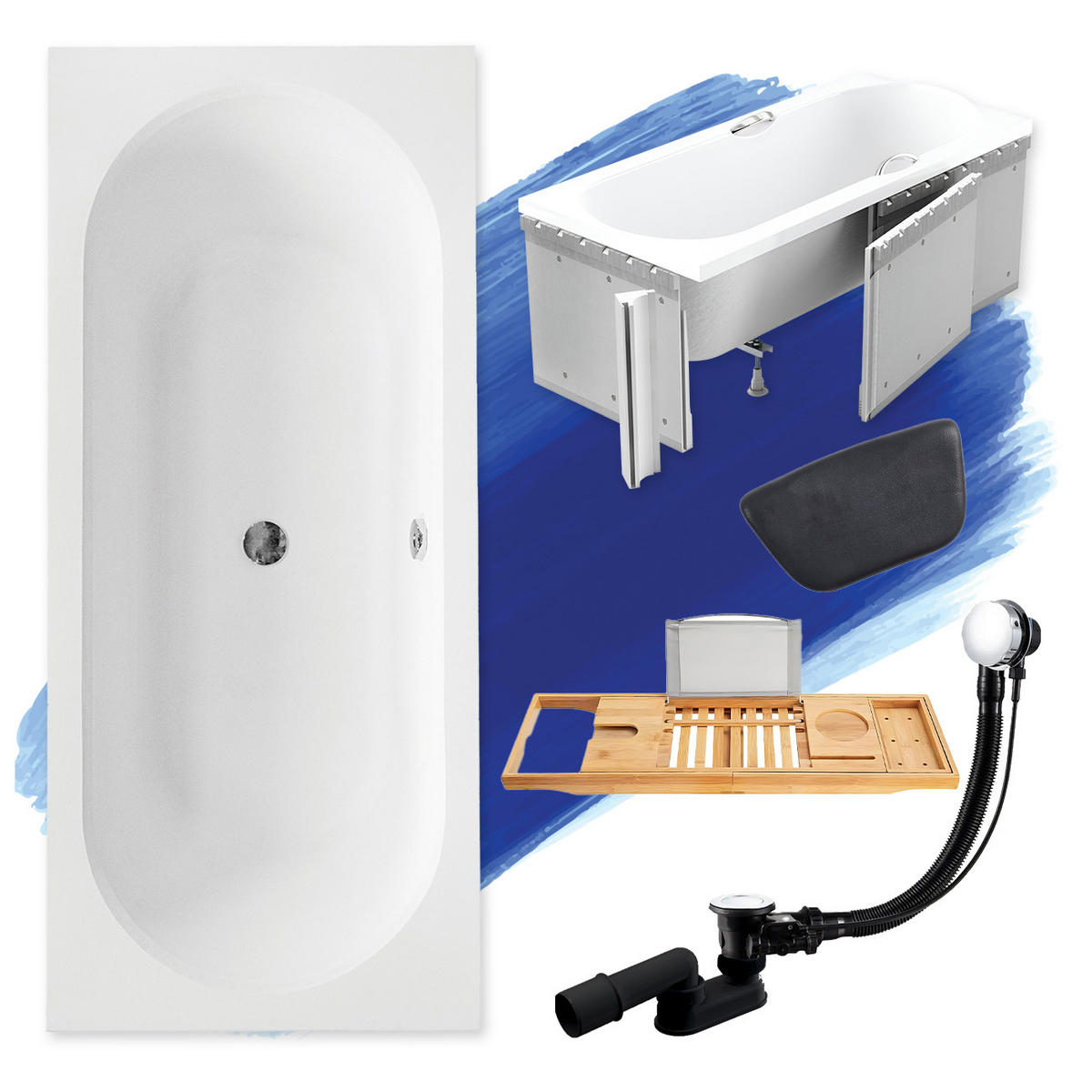 BADEWANNE Rechteck VITAE 160/75 + Styro + Ablage + Kopfstütze Ablauf Füße - Weiß, Kunststoff (75/55.5/160cm) - bad land