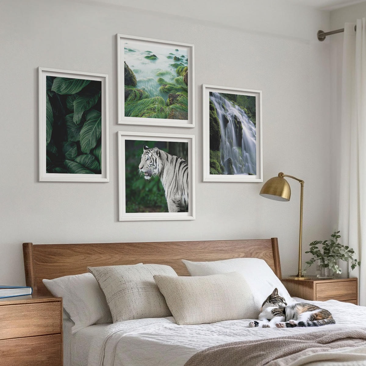 WANDBILDER 4er-Set - 50x50 cm & 40x60 cm Weißer Rahmen - Blätter des Weißen Tigerwasserfalls - Weiß, Kunststoff (50/50cm) - ArtPrintCave