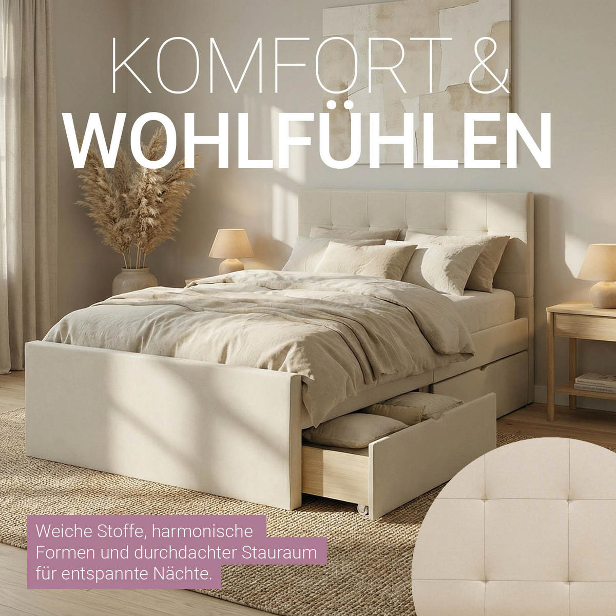 POLSTERBETT mit Stauraum 120/200 cm in Beige + Lattenrost - Beige/Naturfarben, Textil (120/200cm) - Homestyle4u