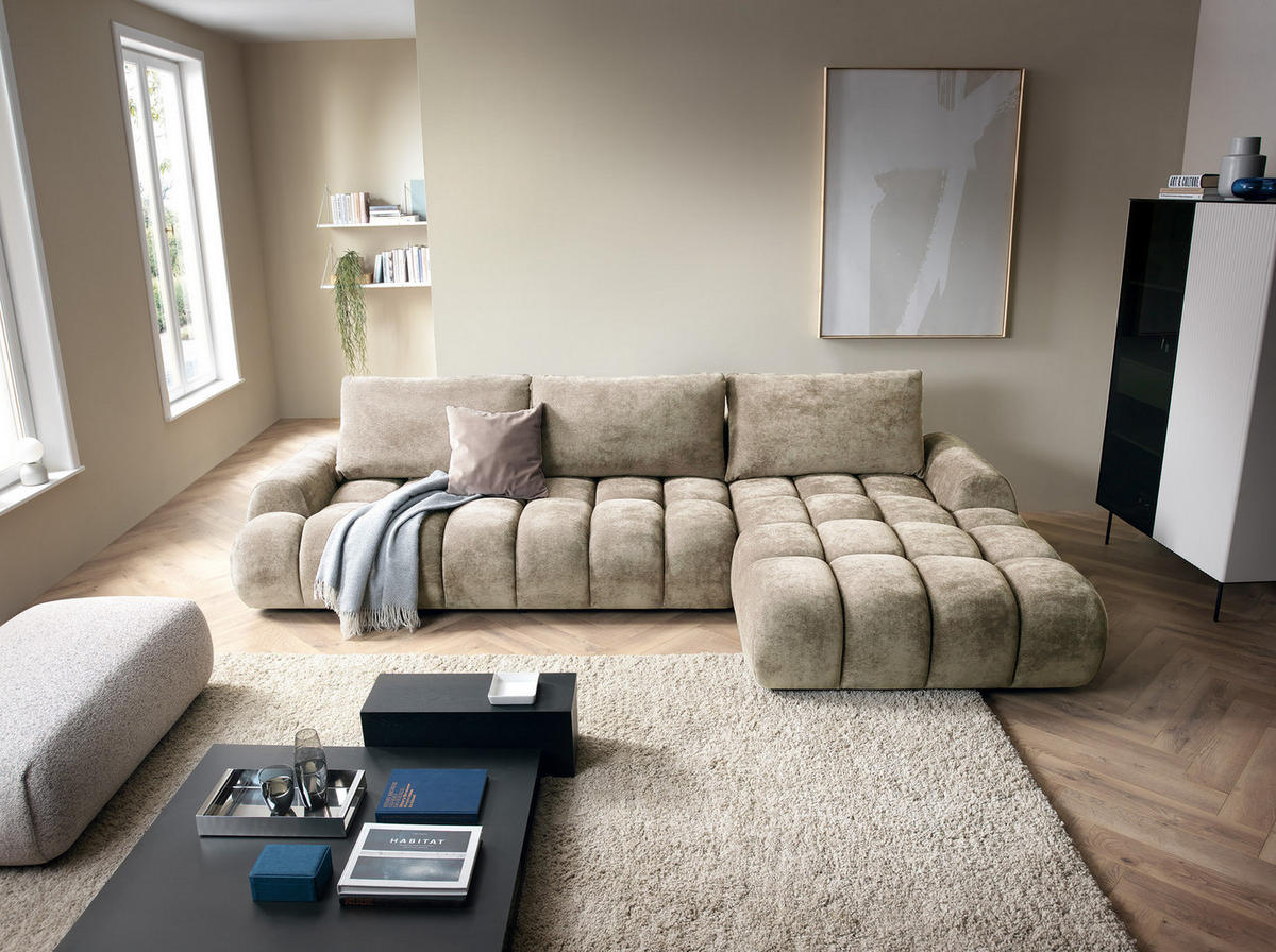 ECKSOFA 340 cm Valerio II, Schlaffunktion, Bettkasten, Rechts, Beige - Beige, Holz (177/340cm) - Emporius