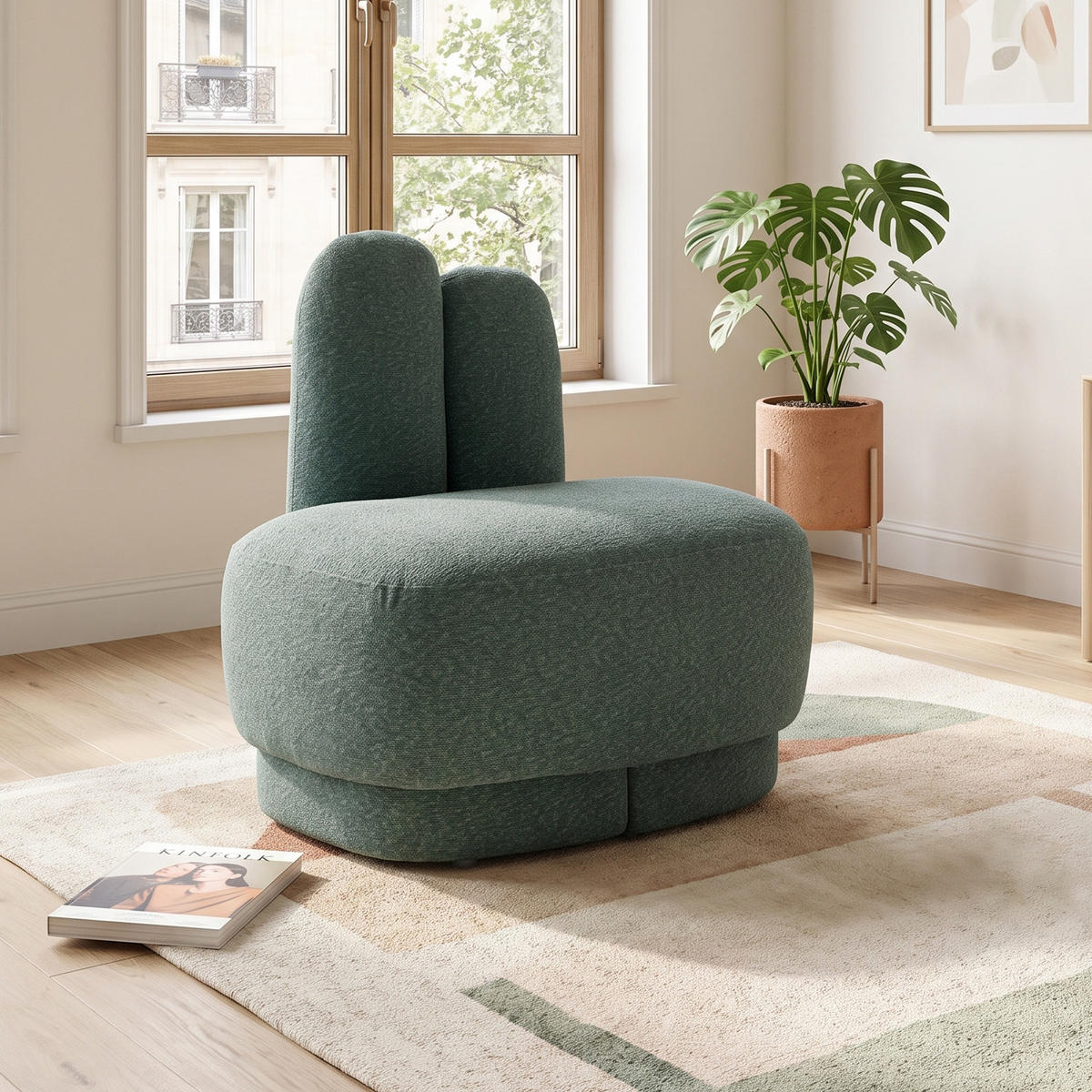 OTTOMAN Bunny-ear tyg stoppad med kaninöron - Grön, Textil (54/54/41.5cm) - Urban Meuble