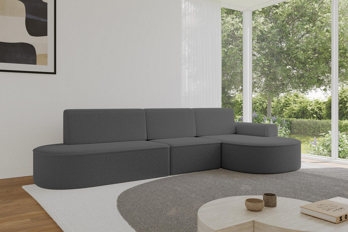 ECKSOFA mit Schlaffunktion Ottomane RECHTS MARI L2-S 368X167X85 Grau Bouclé - Schwarz/Grau, Holzwerkstoff/Kunststoff (167/368cm) - ALTDECOR