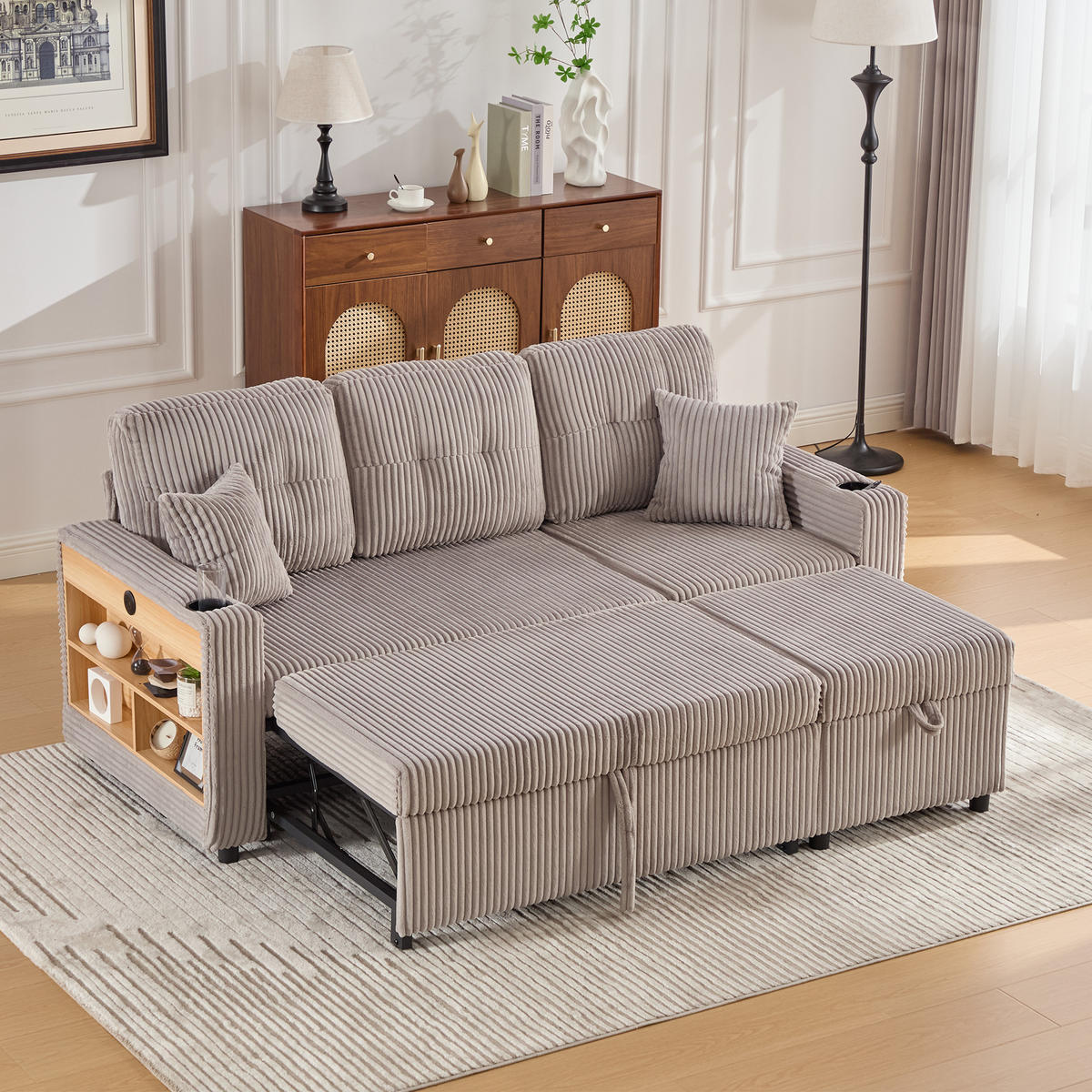 ECKSOFA mit Stauraumfunktion,Cordstoff,Hellgrau - Hellgrau, Textil (144/195cm) - KOMHTOM