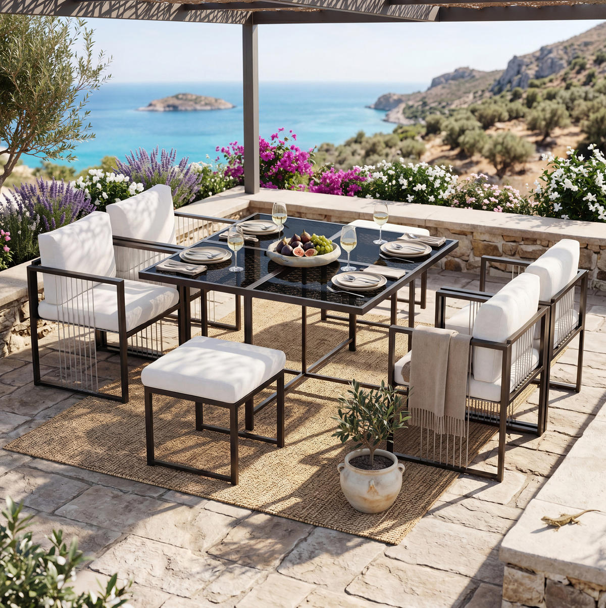 LOUNGEGARNITUR 117/117 cm Schwarz/Weiß aus Metall mit Hartglas 7er Set - Schwarz, Metall - OKMYHOME