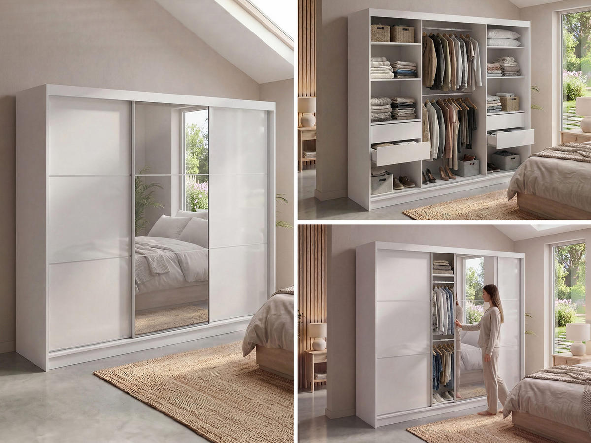 SCHWEBETÜRENSCHRANK mit Spiegel und Schubladen - WALENCJA - 240 - Weiß lacobel - Alufarben/Weiß, Holzwerkstoff/Metall (240/216/61cm) - MKS