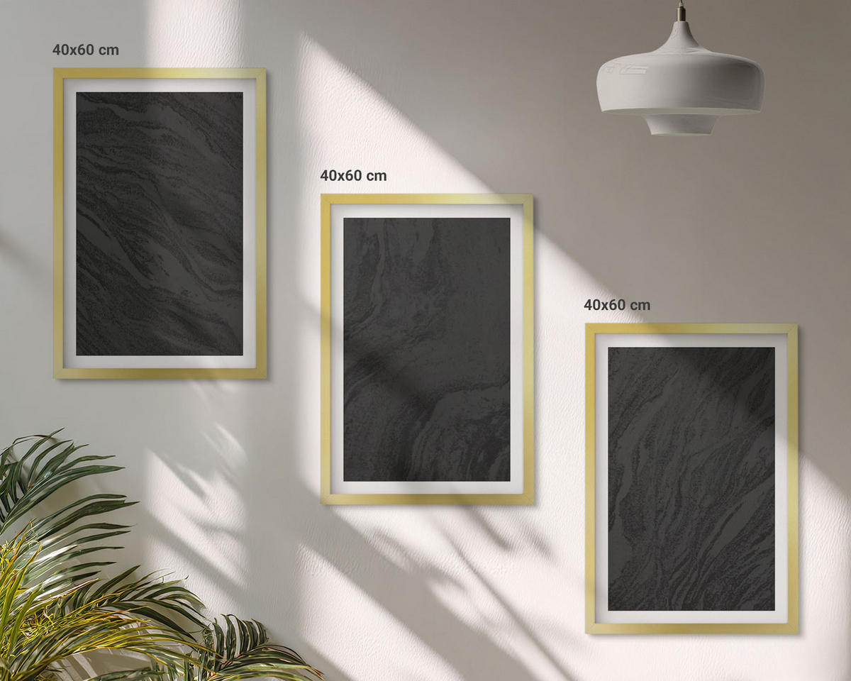 WANDBILDER 3er Set - 40x60 cm Goldrahmen - Dunkler Marmor, elegante Texturen - Goldfarben, Kunststoff (40/60cm) - ArtPrintCave