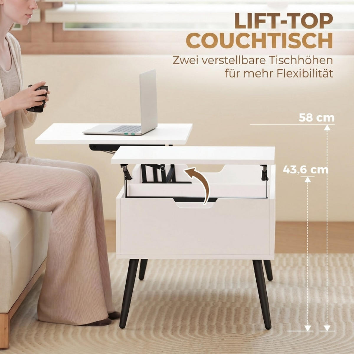 COUCHTISCH DE-37207 Lift-Top mit 2 Klappdeckeln Weiß/Schwarz - Weiß, Holzwerkstoff (100/50/58cm) - ComfortXL