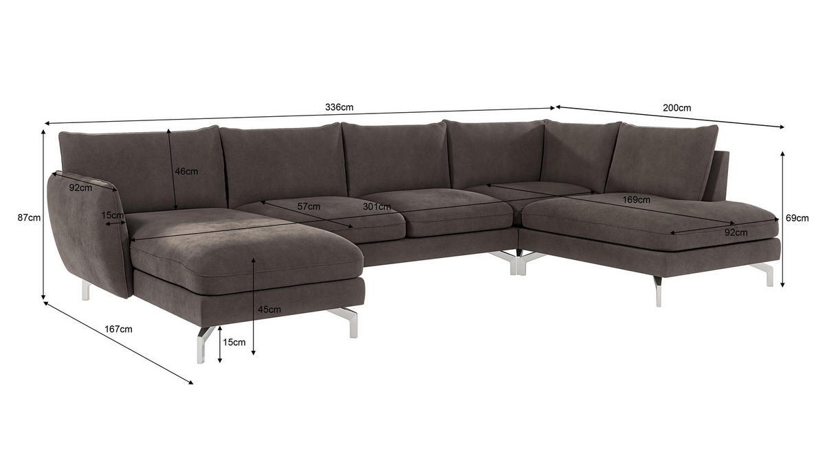 WOHNLANDSCHAFT Elou Khaki Luxusmicrofaser - Chromfarben/Dunkelbraun, Textil/Metall (336/87/200cm) - S-Style Möbel