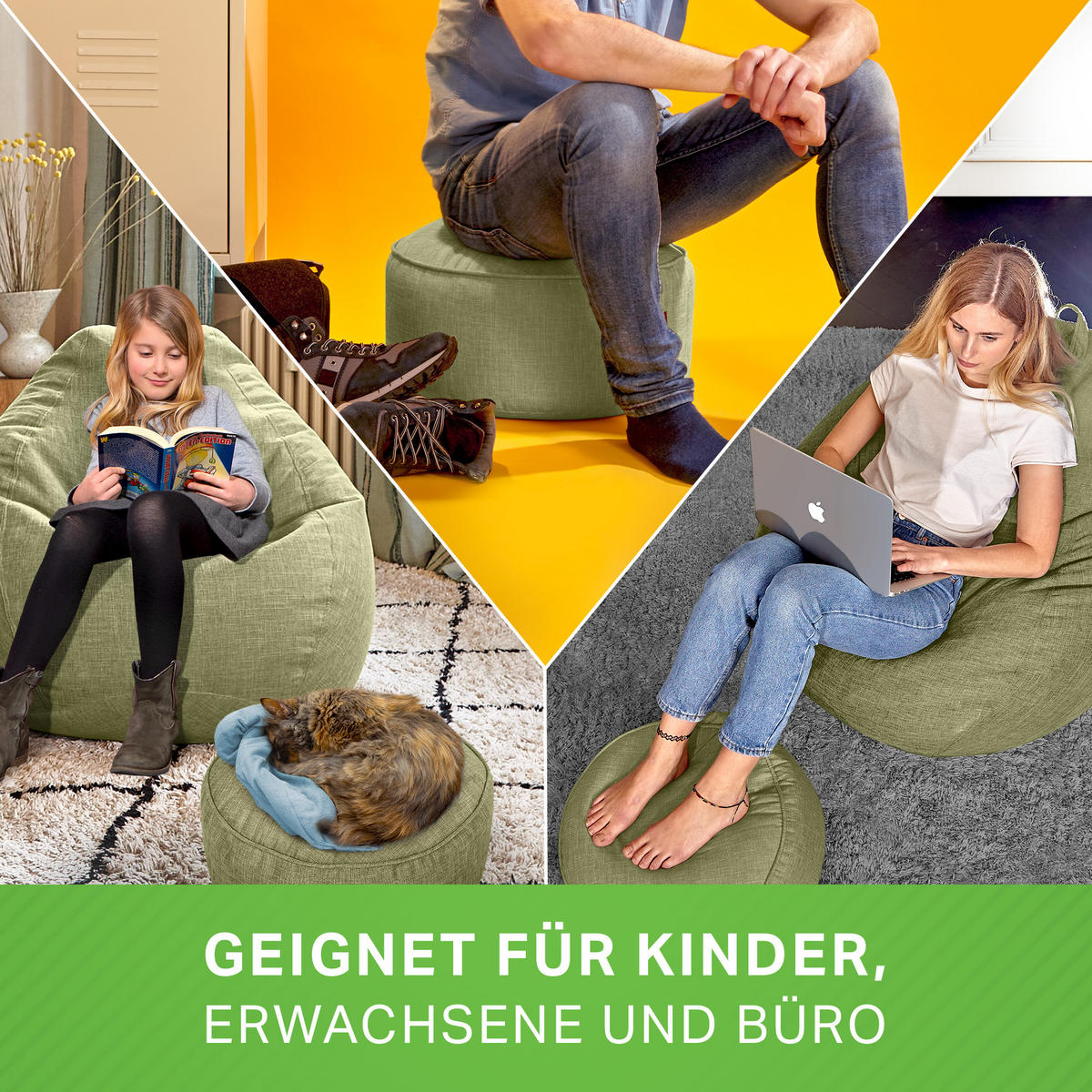 XXL-SITZSACK Indoor "Home Linen“+Hocker - Grün, Textil (100/120/50cm) - Green Bean