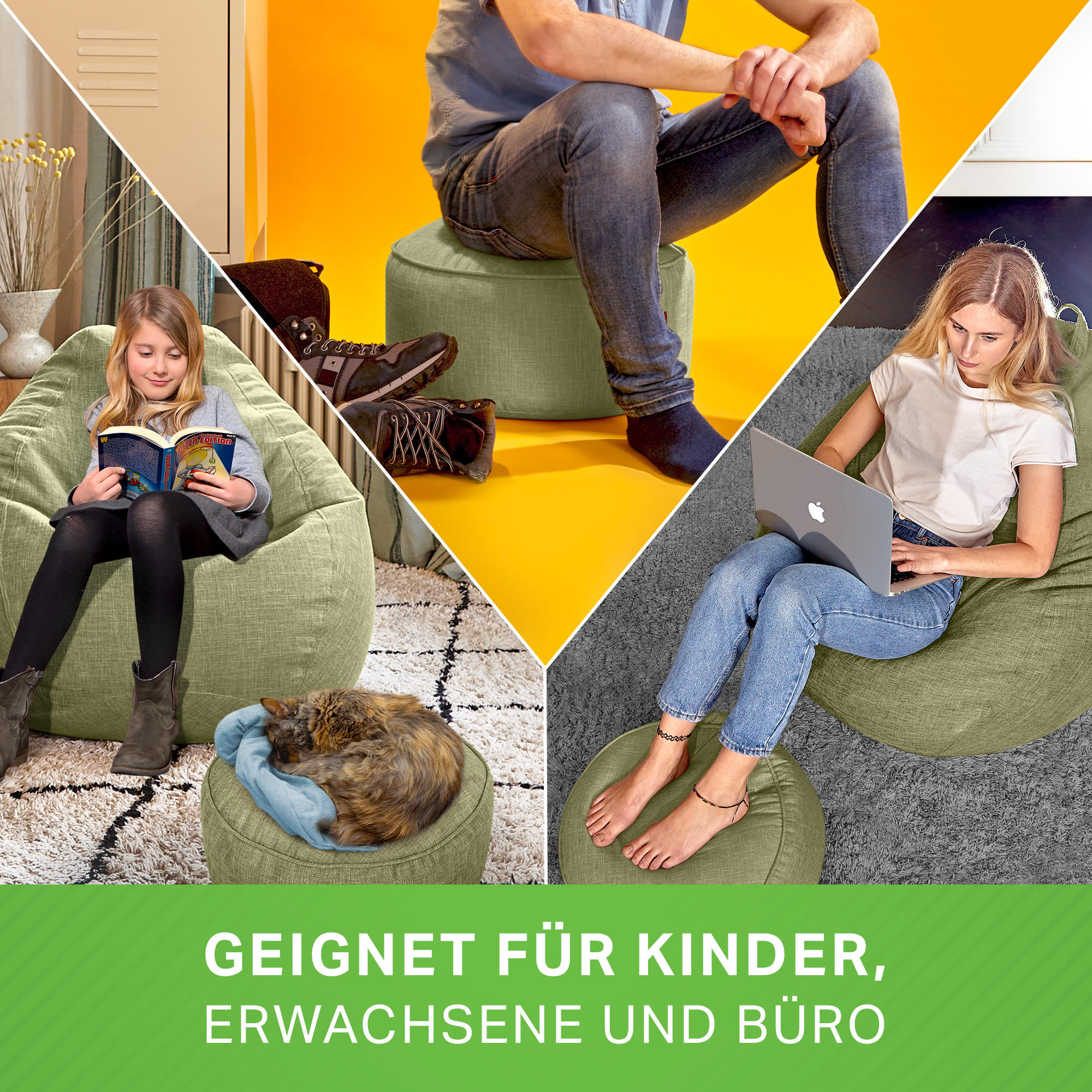 Thumbnail - Green Bean Xxl-Sitzsack, Grün, Textil, Füllung: Styroporkugeln, Rund, 100x120x50 cm, Hergestellt in Deutschland, Wohnzim...