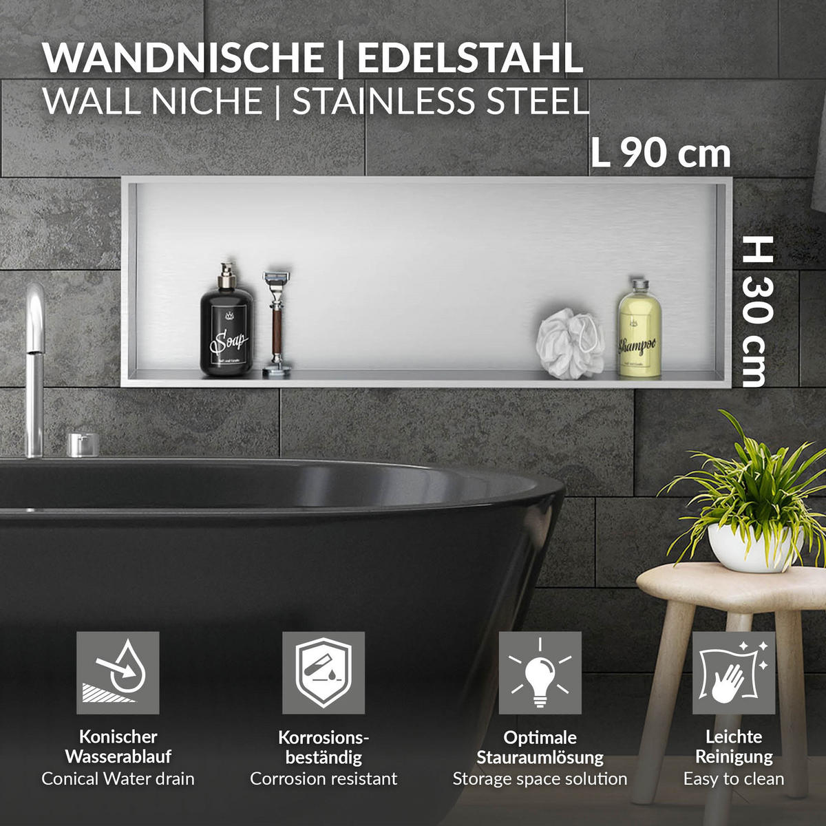 DUSCHNISCHE Silber 90/30 cm - Silberfarben, Metall (90/30/10cm) - LuxeBath