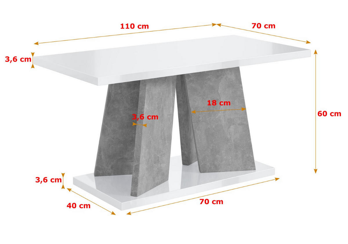 KAFFEETISCH 110x70x60 cm - Hochglanz Weiß / Betonoptik - UFOM - Weiß Hochglanz, Holzwerkstoff (110/70/60cm) - ALTDECOR
