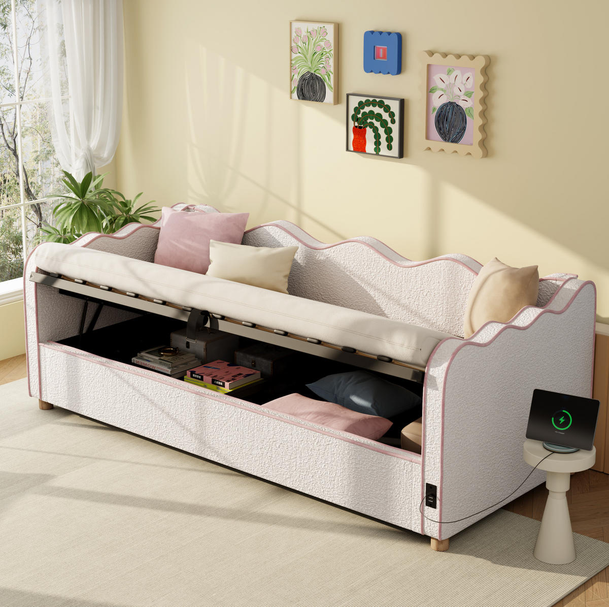 POLSTERBETT 90/200 cm aus Bouclé mit hydraulischem Stauraum und USB-Anschluss Beige - Beige, Textil (90/200cm) - Modenvie