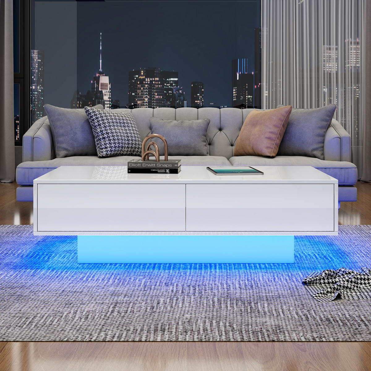 COUCHTISCH Weiß 115/55/34 cm mit LED - Weiß, Holzwerkstoff (55/115/34cm) - PANGIVO