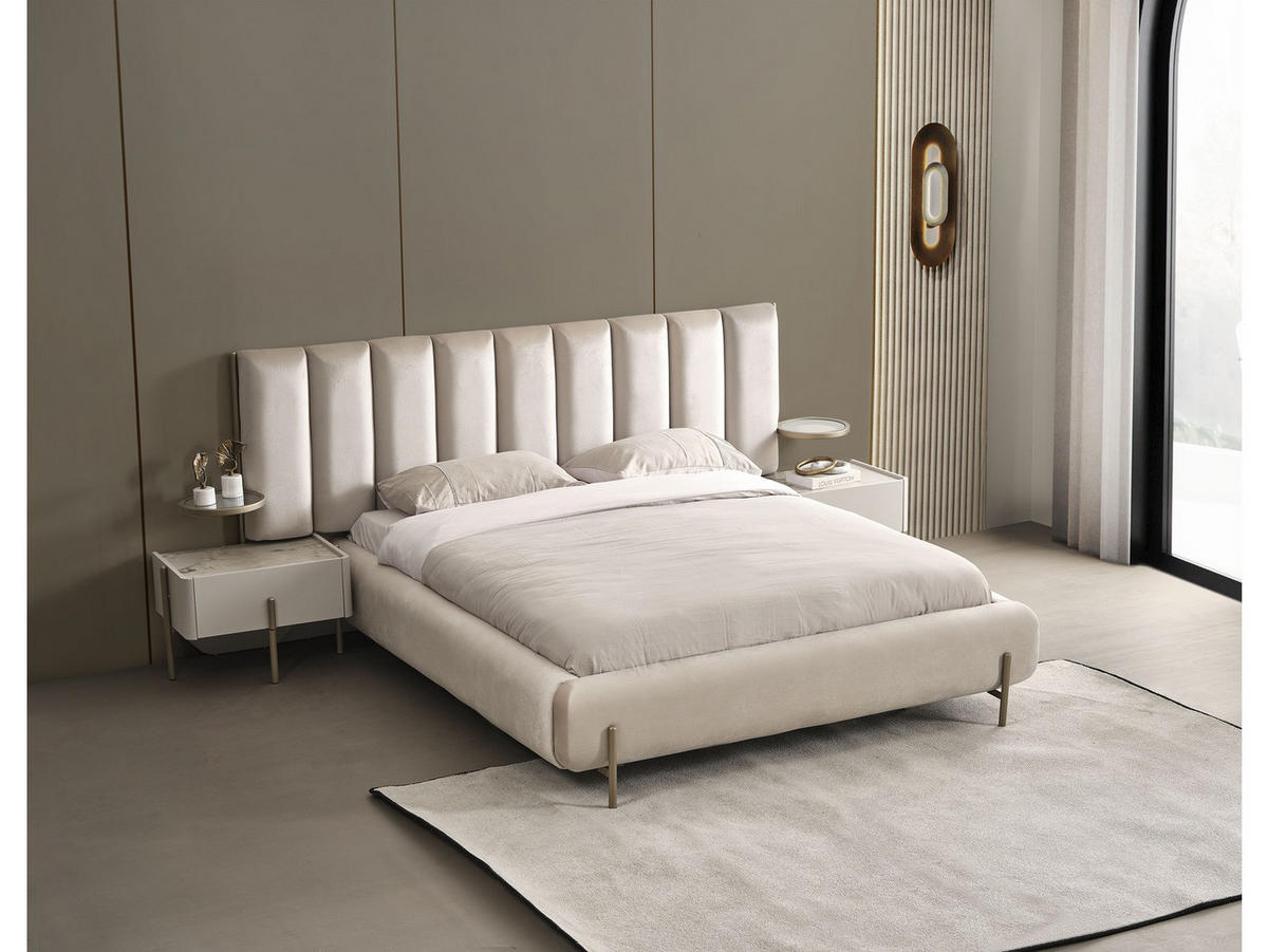 BETTANLAGE VEGA Schlafzimmer-Set, 5-teilig, Beige, Bett mit Kopfteil, 2 Nachttische, Kleiderschrank und Kommode - Beige, Holzwerkstoff (160/200cm)